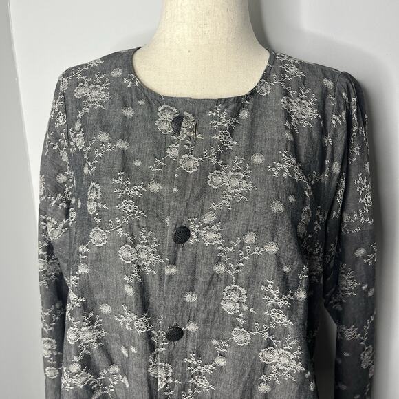 Eskandar Jacket Women's Large Gray Cotton Linen Embroidered Floral Coat Duster - Picture 6 of 11